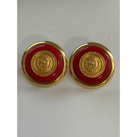 Vintage Liz Claiborne Gold Tone & Red Enamel Statement Eariings - Picture 2 of 3